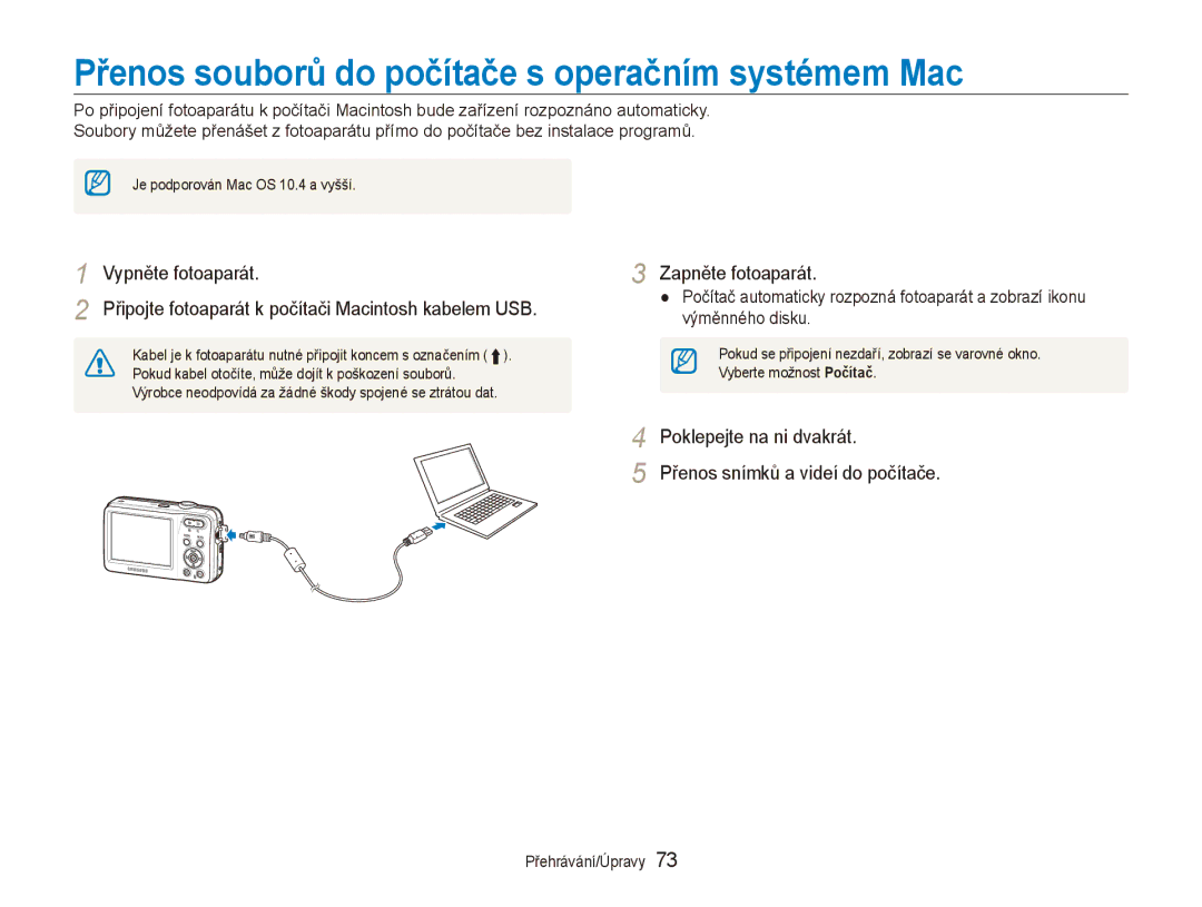 Samsung EC-ES80ZZBPPE3, EC-ES80ZZBPSE3, EC-ES80ZZBPBE3 manual Přenos souborů do počítače s operačním systémem Mac 