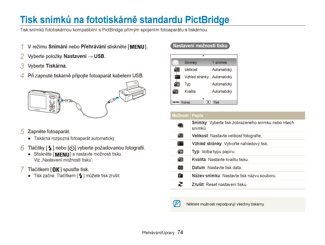 Samsung EC-ES80ZZBPSE3 Tisk snímků na fototiskárně standardu PictBridge, Tlačítky nebo vyberte požadovanou fotografii 