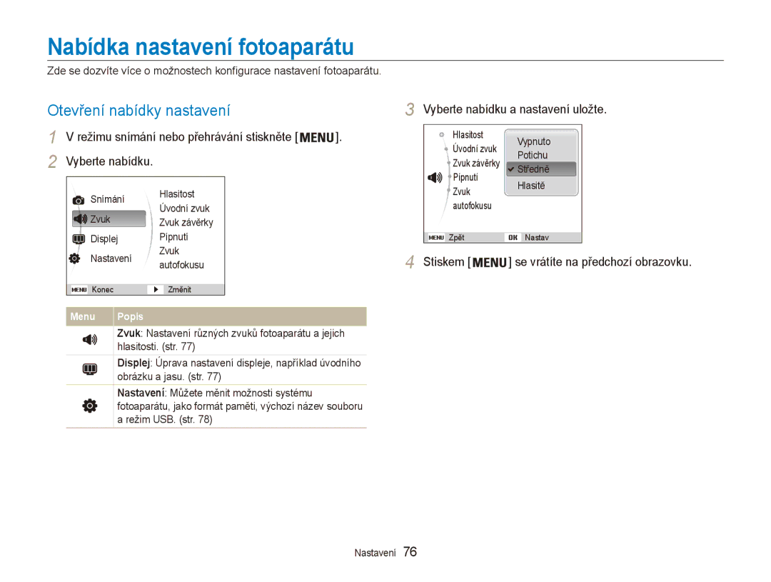 Samsung EC-ES80ZZBPPE3 manual Nabídka nastavení fotoaparátu, Otevření nabídky nastavení, Vyberte nabídku a nastavení uložte 