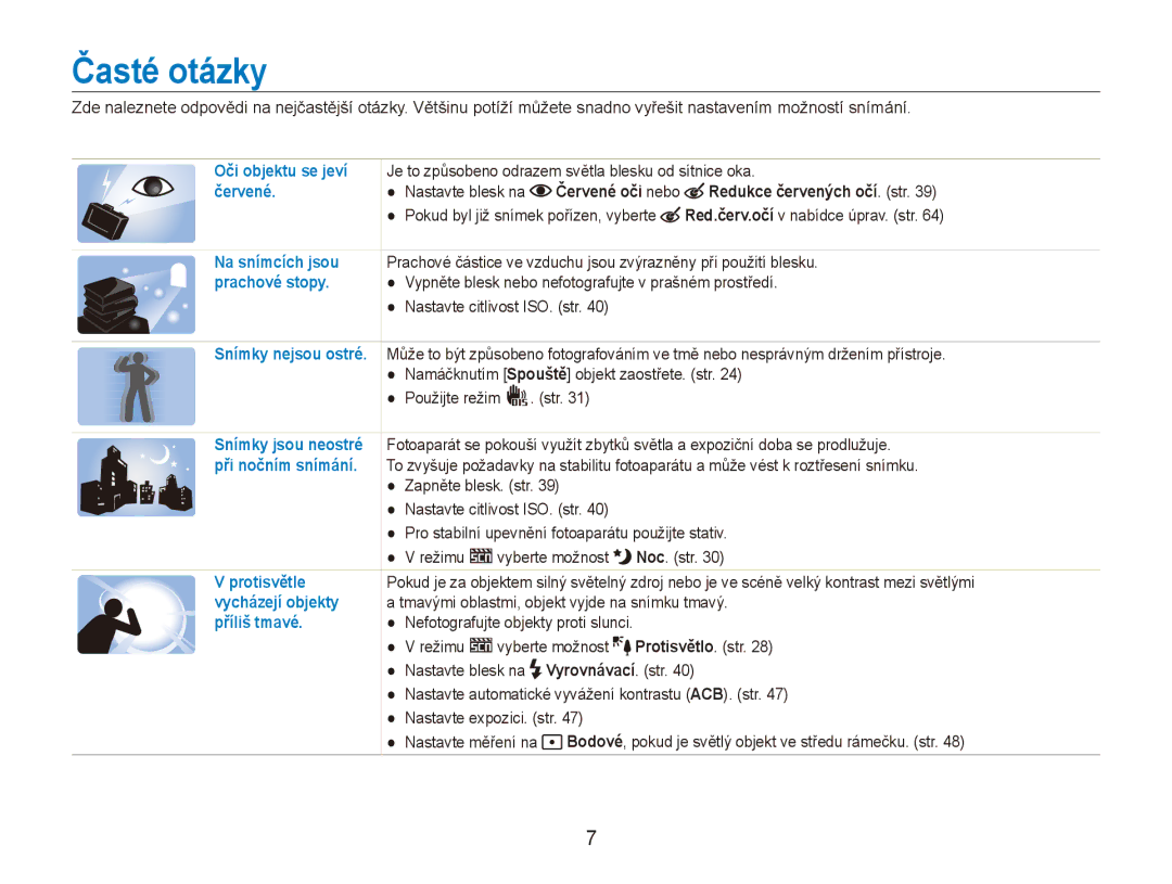 Samsung EC-ES80ZZBPPE3, EC-ES80ZZBPSE3, EC-ES80ZZBPBE3 manual Časté otázky, Redukce červených očí. str 