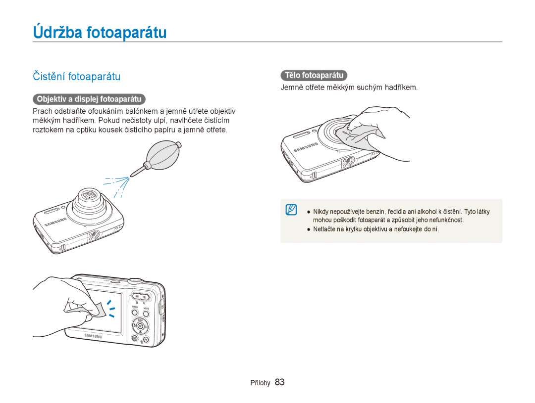 Samsung EC-ES80ZZBPSE3 manual Údržba fotoaparátu, Čistění fotoaparátu, Objektiv a displej fotoaparátu, Tělo fotoaparátu 