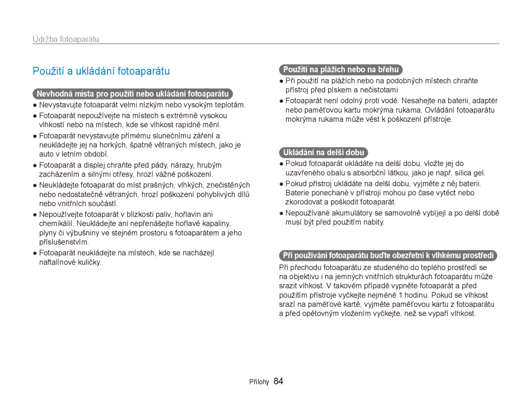 Samsung EC-ES80ZZBPBE3 manual Použití a ukládání fotoaparátu, Údržba fotoaparátu, Použití na plážích nebo na břehu 