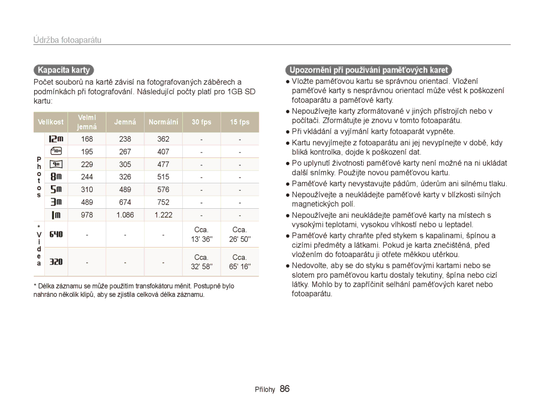 Samsung EC-ES80ZZBPSE3, EC-ES80ZZBPBE3, EC-ES80ZZBPPE3 Kapacita karty, Kartu, Upozornění při používání paměťových karet 
