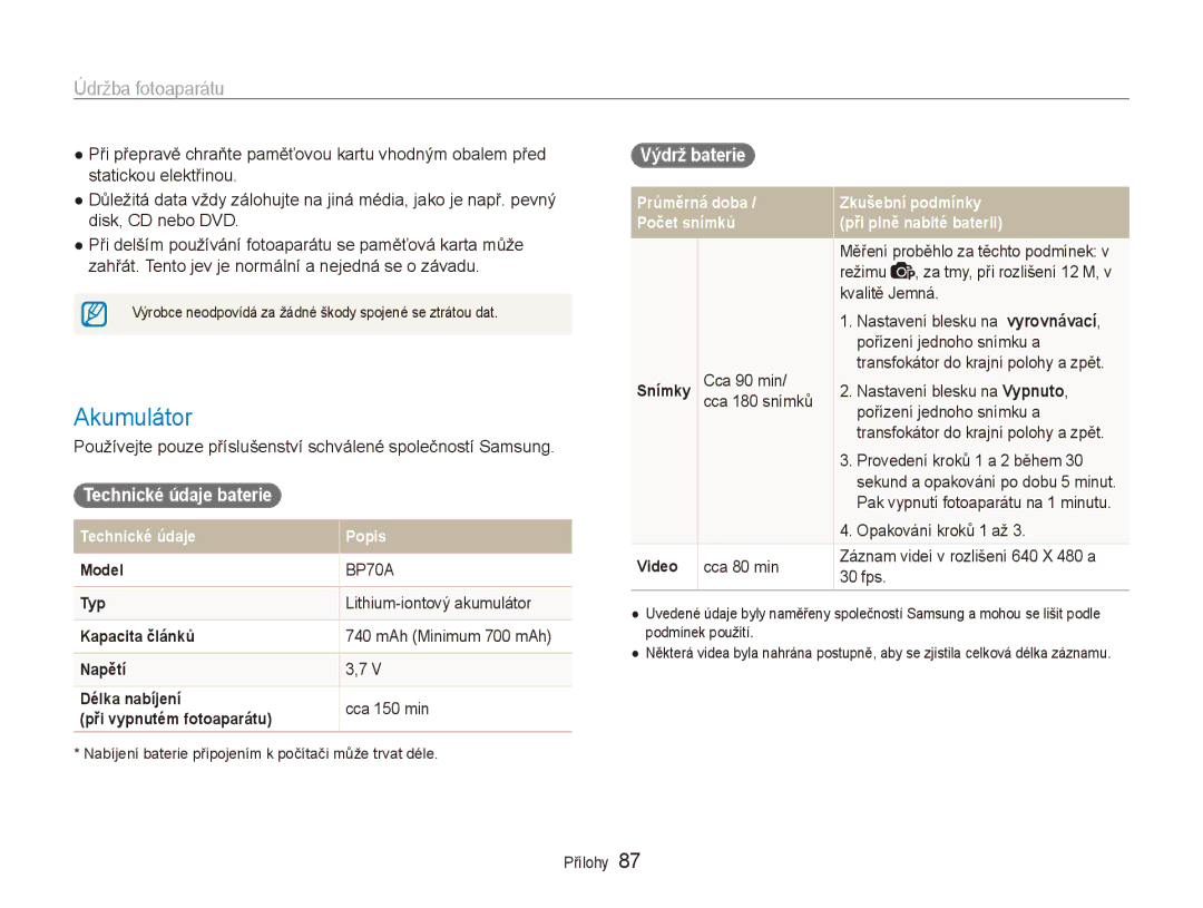 Samsung EC-ES80ZZBPBE3 manual Akumulátor, Výdrž baterie, Technické údaje baterie, Lithium-iontový akumulátor, Cca 150 min 