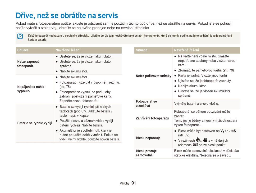 Samsung EC-ES80ZZBPPE3, EC-ES80ZZBPSE3, EC-ES80ZZBPBE3 manual Dříve, než se obrátíte na servis 