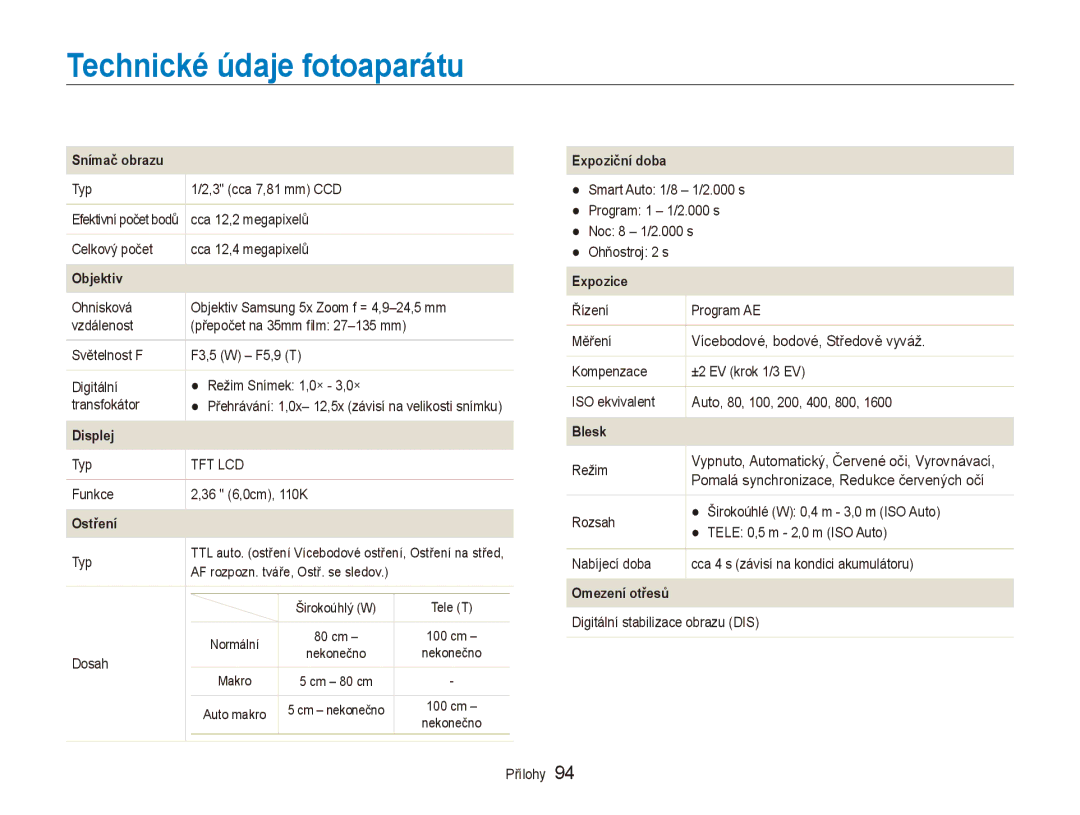 Samsung EC-ES80ZZBPPE3, EC-ES80ZZBPSE3, EC-ES80ZZBPBE3 manual Technické údaje fotoaparátu, Vícebodové, bodové, Středově vyváž 