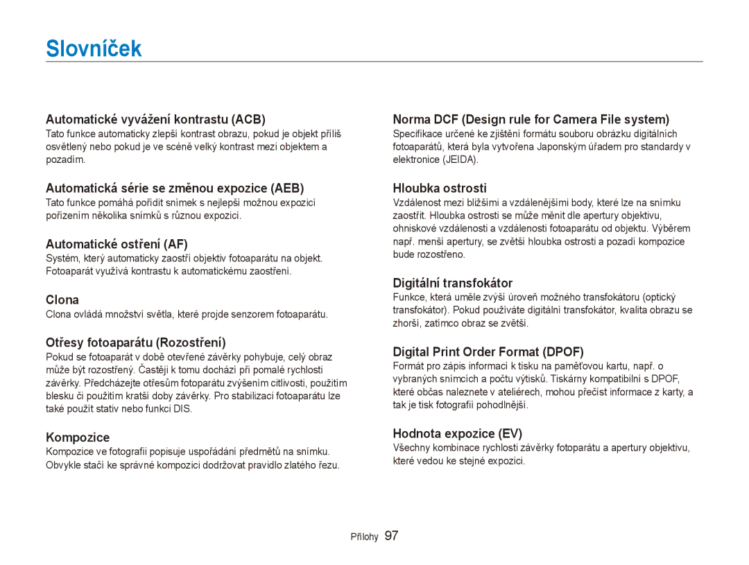 Samsung EC-ES80ZZBPPE3, EC-ES80ZZBPSE3, EC-ES80ZZBPBE3 manual Slovníček, Automatické vyvážení kontrastu ACB 