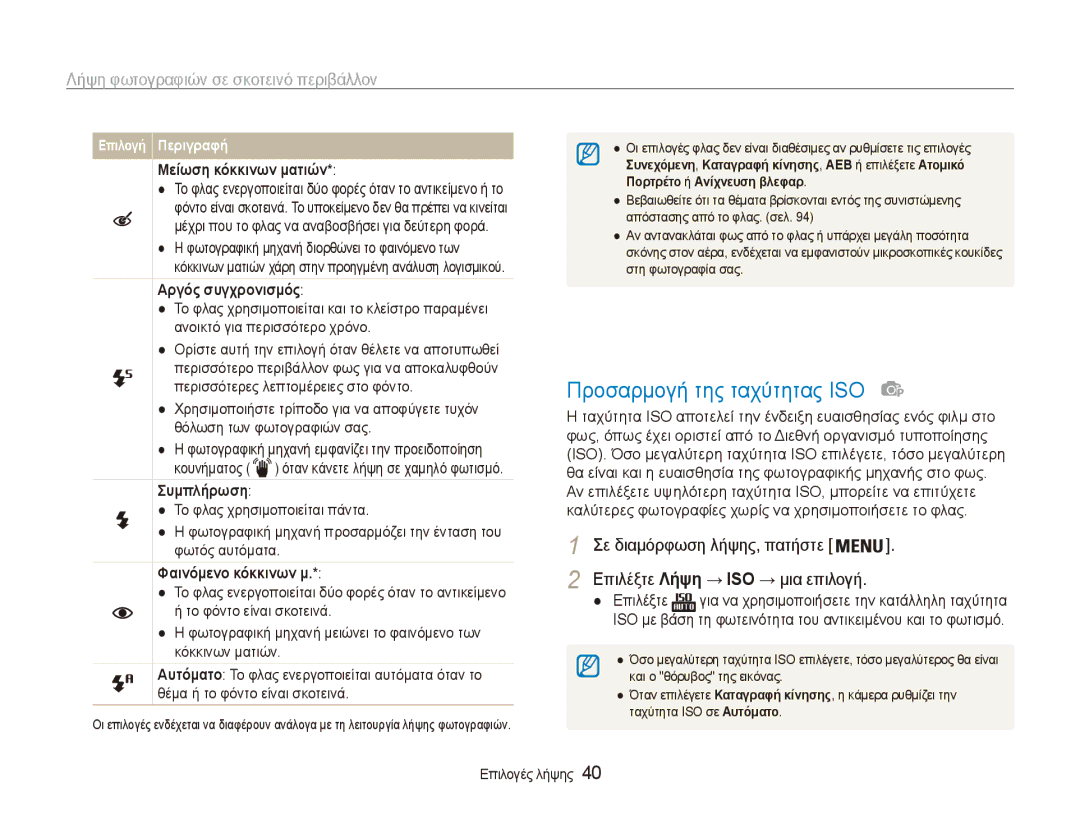 Samsung EC-ES80ZZBPRE3, EC-ES80ZZBPSE3 manual Προσαρμογή της ταχύτητας ISO, Λήψη φωτογραφιών σε σκοτεινό περιβάλλον 