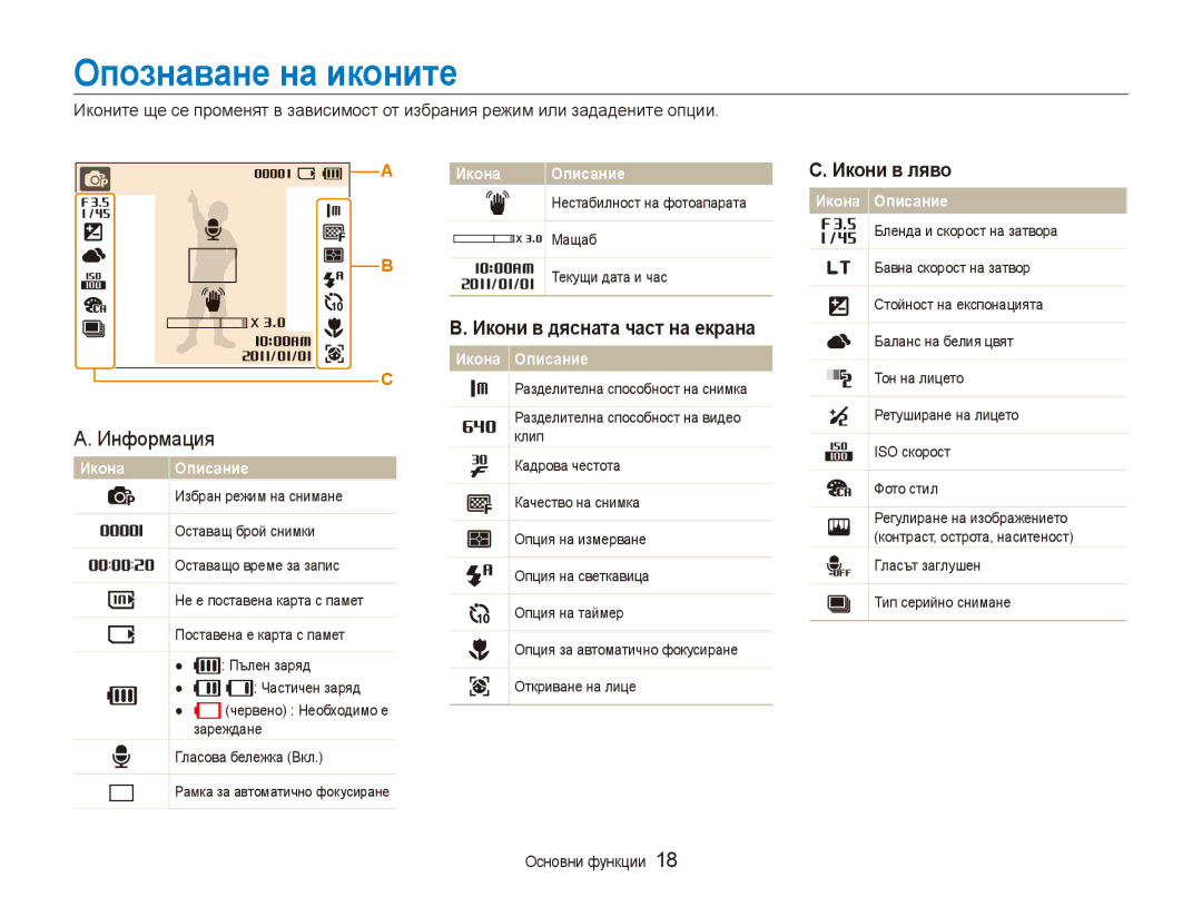 Samsung EC-ES80ZZBPBE3, EC-ES80ZZBPSE3 manual Опознаване на иконите, Икони в дясната част на екрана, Икони в ляво 