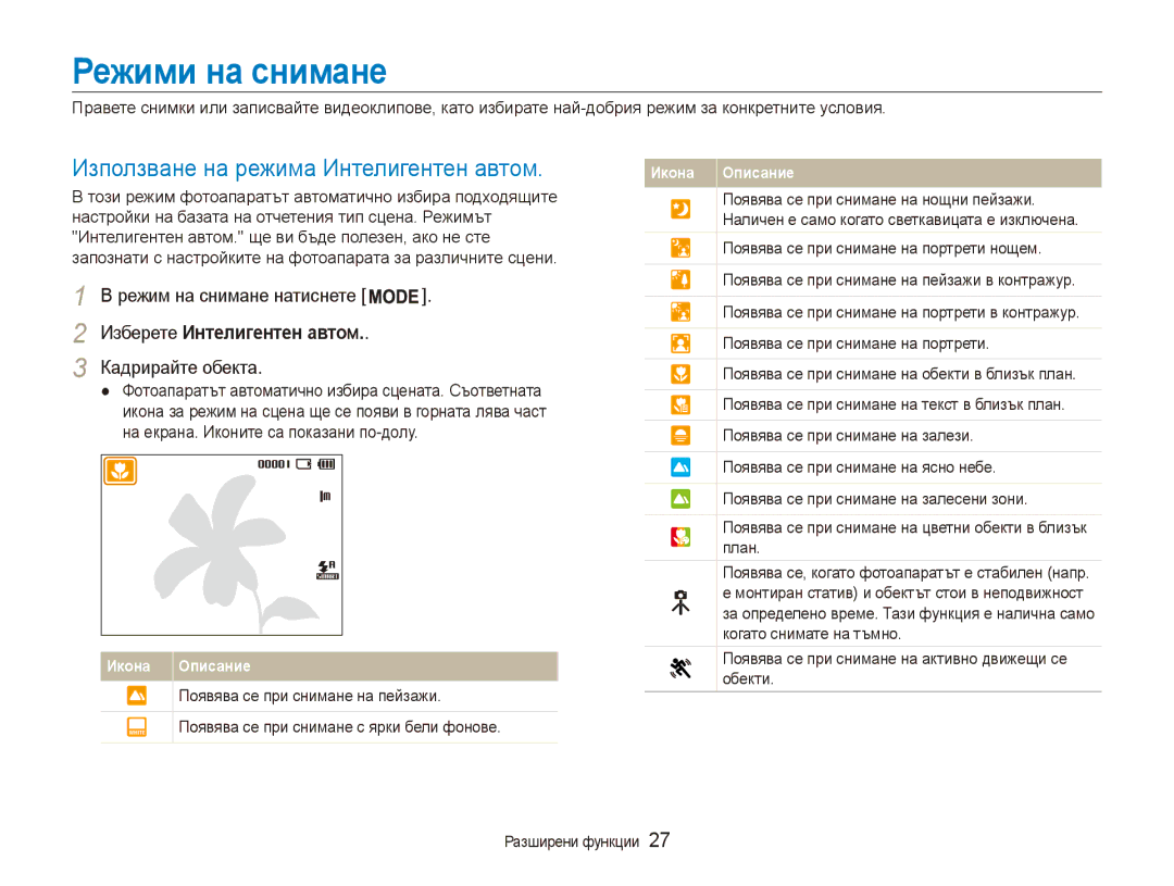 Samsung EC-ES80ZZBPSE3 manual Режими на снимане, Използване на режима Интелигентен автом, Изберете Интелигентен автом 