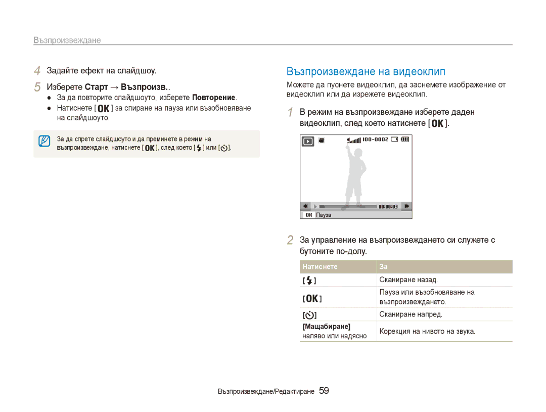 Samsung EC-ES80ZZBPSE3, EC-ES80ZZBPBE3 manual Възпроизвеждане на видеоклип, Задайте ефект на слайдшоу, → Възпроизв 