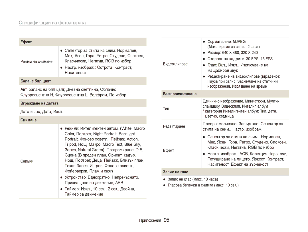 Samsung EC-ES80ZZBPSE3, EC-ES80ZZBPBE3 manual Спецификации на фотоапарата 