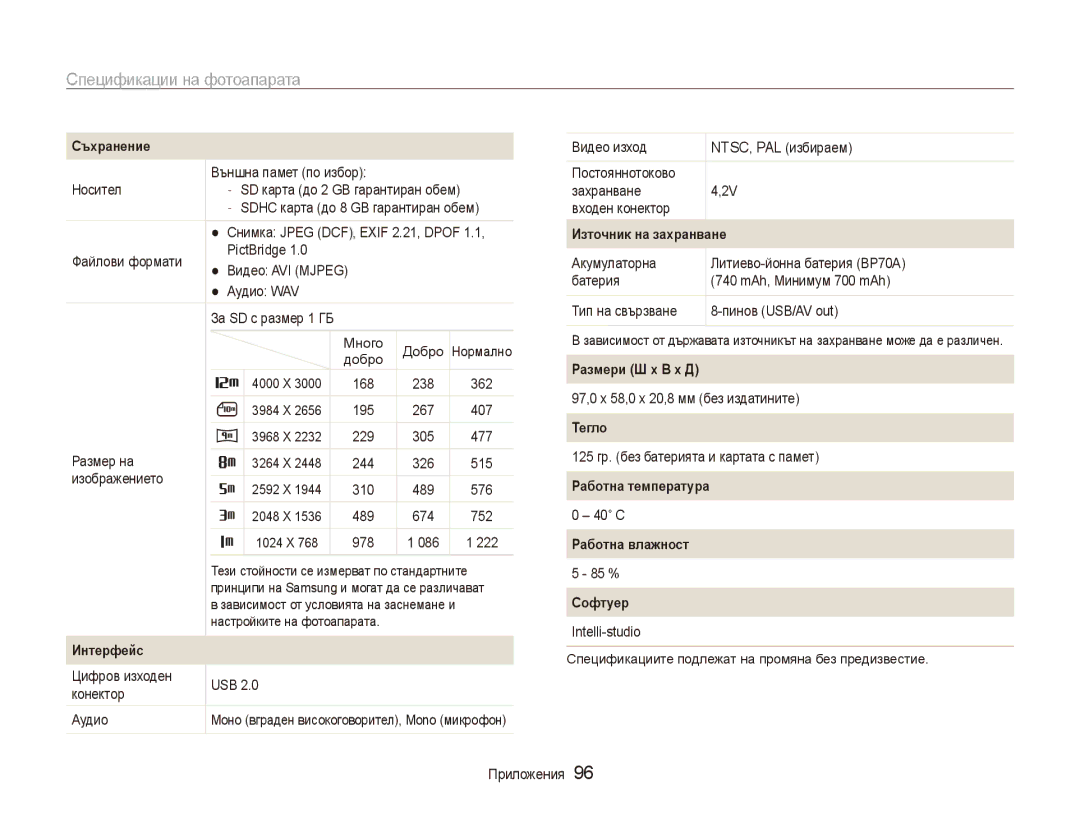 Samsung EC-ES80ZZBPBE3 manual Съхранение, Интерфейс, Източник на захранване, Размери Ш x В x Д, Тегло, Работна температура 