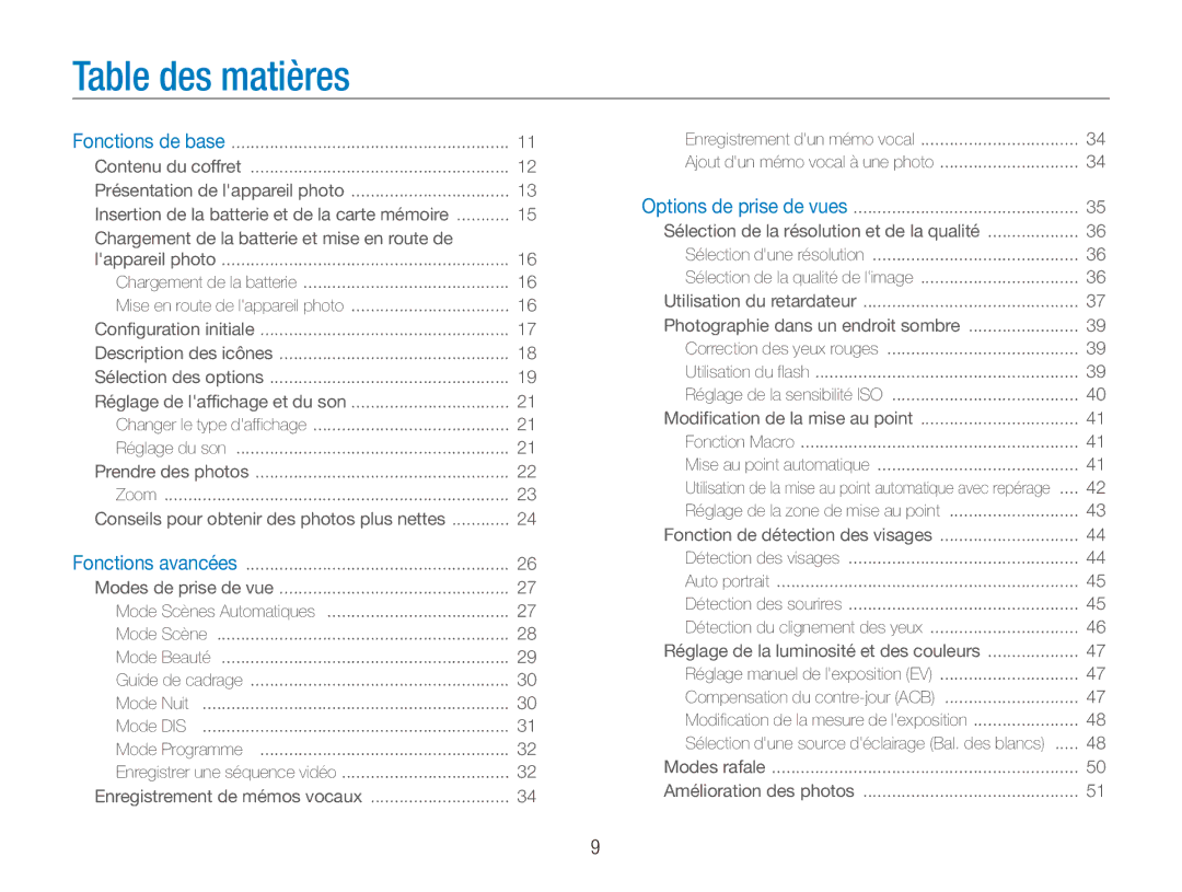 Samsung EC-ES81ZZDPBZA, EC-ES80ZZDPSZA, EC-ES80ZZBPBE1 Table des matières, Chargement de la batterie et mise en route de 