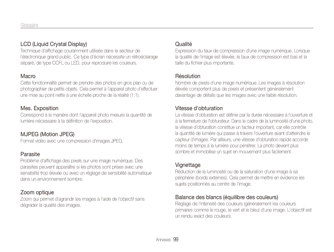 Samsung EC-ES81ZZDPBZA manual LCD Liquid Crystal Display, Macro, Mes. Exposition, Mjpeg Motion Jpeg, Parasite, Zoom optique 