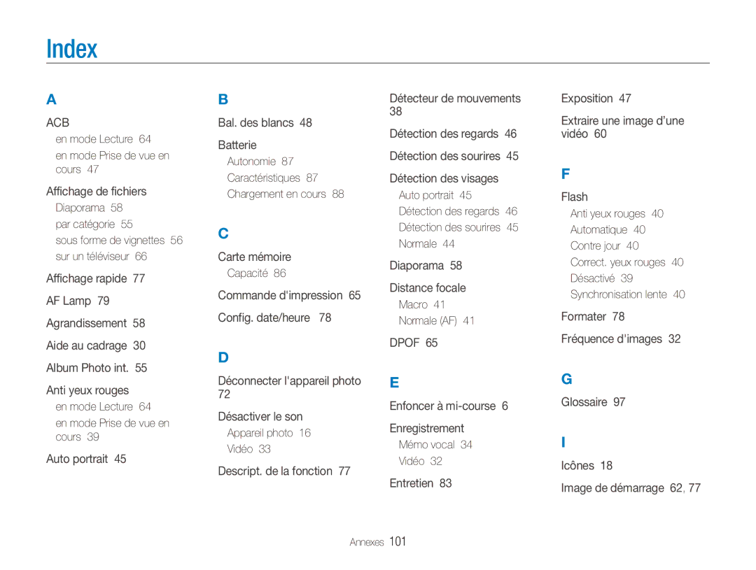 Samsung EC-ES80ZZDPSZA manual Index, En mode Lecture En mode Prise de vue en cours, Appareil photo Vidéo, Macro Normale AF 