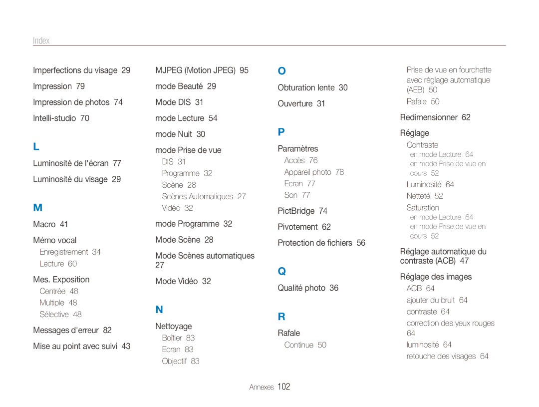 Samsung EC-ES80ZZBPBE1, EC-ES80ZZDPSZA, EC-ES80ZZDPPZA, EC-ES80ZZBPRE1, EC-ES81ZZDPBZA, EC-ES80ZZDPRZA manual Index 