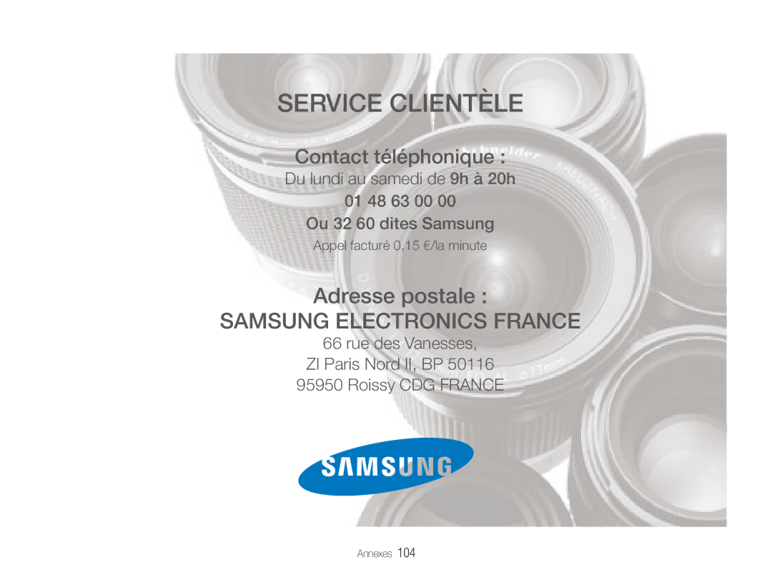 Samsung EC-ES80ZZBPRE1, EC-ES80ZZDPSZA, EC-ES80ZZBPBE1, EC-ES80ZZDPPZA, EC-ES81ZZDPBZA, EC-ES80ZZDPRZA manual Service Clientèle 