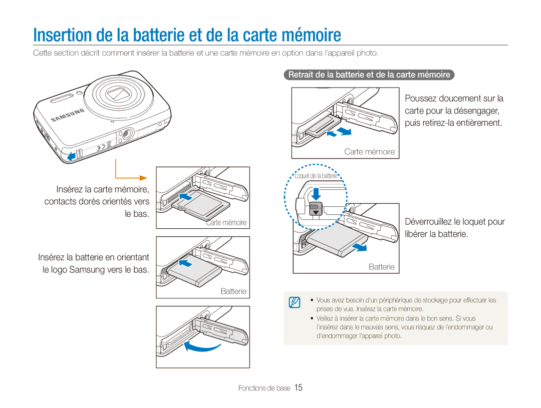 Samsung EC-ES81ZZDPBZA Insertion de la batterie et de la carte mémoire, Déverrouillez le loquet pour libérer la batterie 