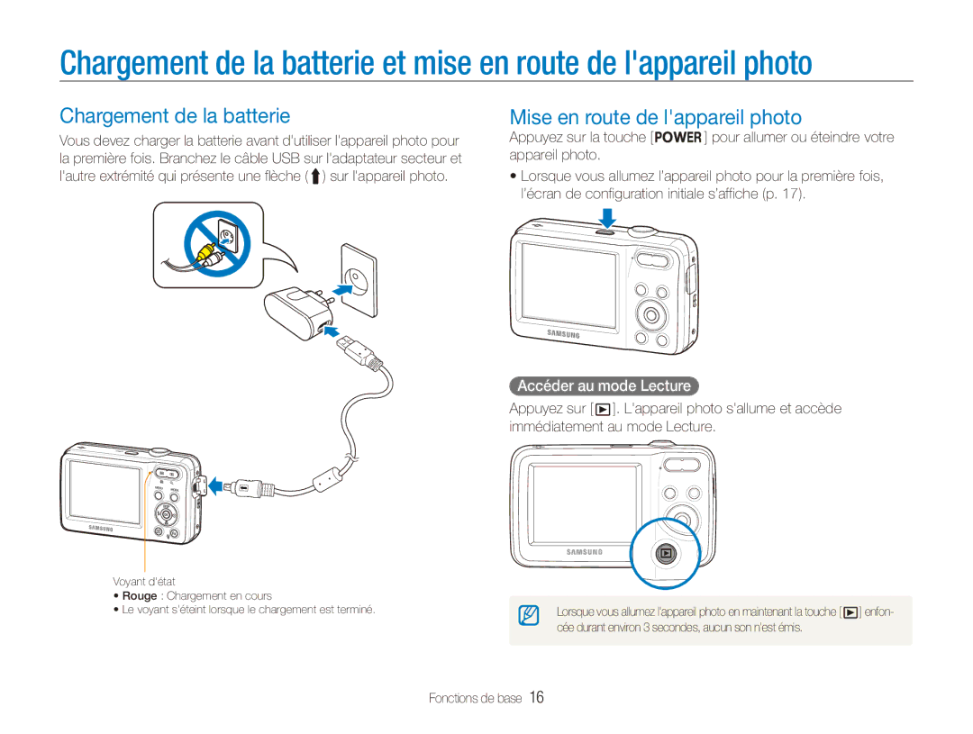 Samsung EC-ES80ZZDPRZA manual Chargement de la batterie, Mise en route de lappareil photo, Accéder au mode Lecture 