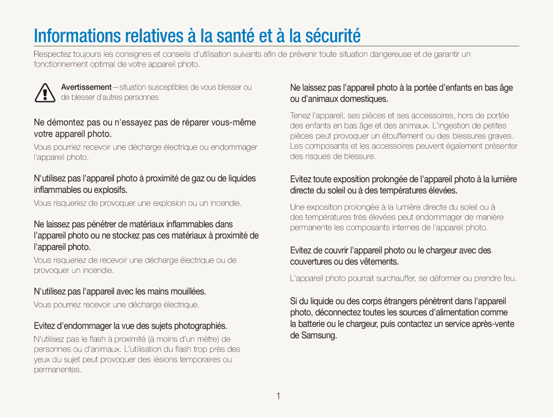 Samsung EC-ES80ZZDPPZA Informations relatives à la santé et à la sécurité, Vous pourriez recevoir une décharge électrique 