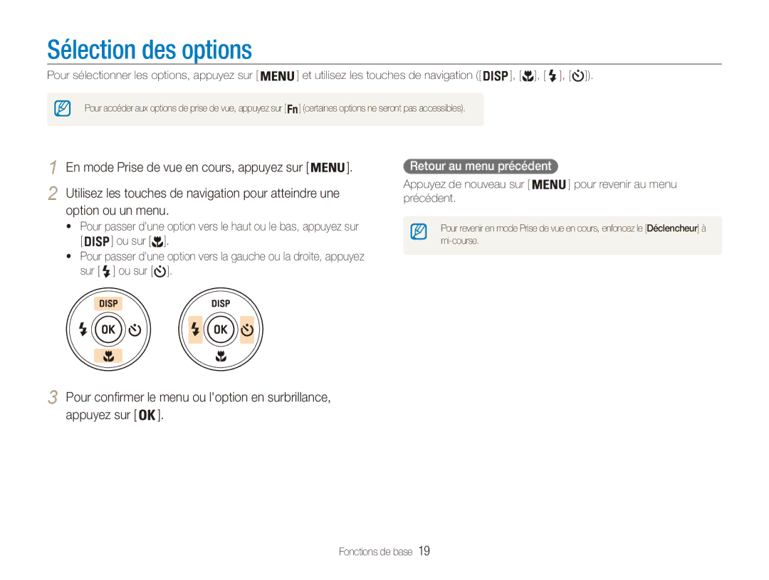 Samsung EC-ES80ZZDPPZA Sélection des options, Pour confirmer le menu ou loption en surbrillance, Retour au menu précédent 