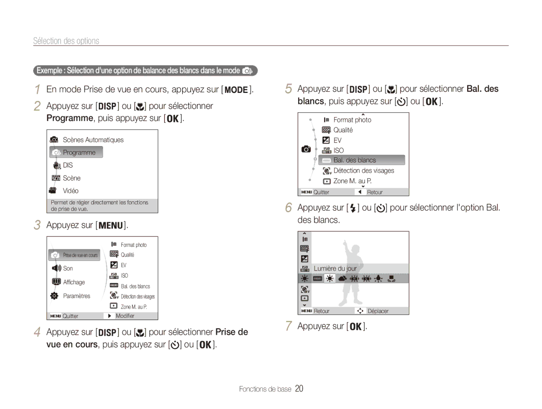 Samsung EC-ES80ZZBPRE1, EC-ES80ZZDPSZA Sélection des options, Ou pour sélectionner Programme, puis appuyez sur, Des blancs 