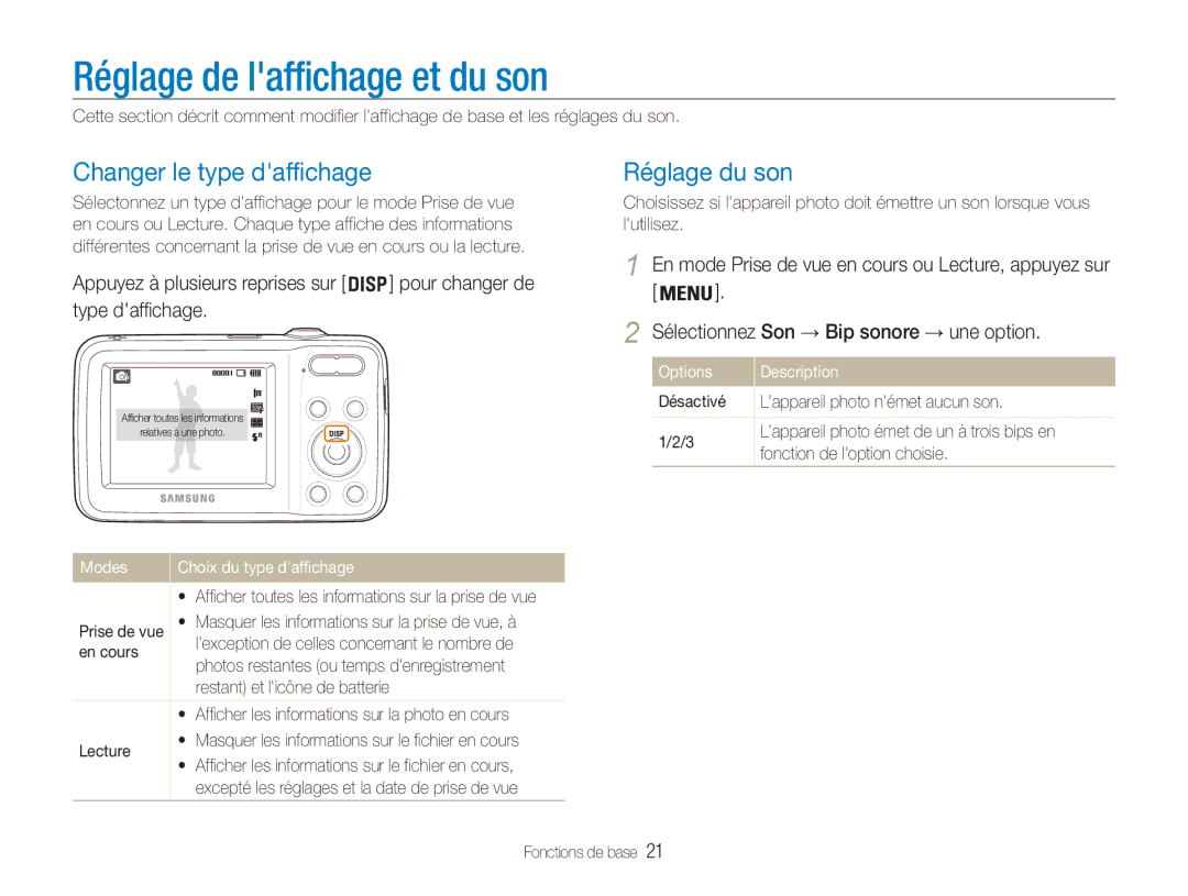 Samsung EC-ES81ZZDPBZA Réglage de laffichage et du son, Changer le type daffichage, Réglage du son, Options Description 