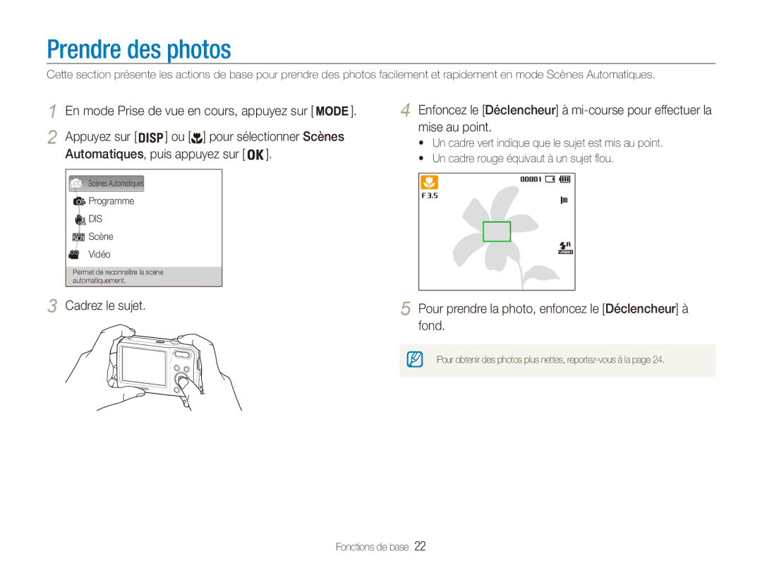 Samsung EC-ES80ZZDPRZA Prendre des photos, En mode Prise de vue en cours, appuyez sur, Automatiques, puis appuyez sur 