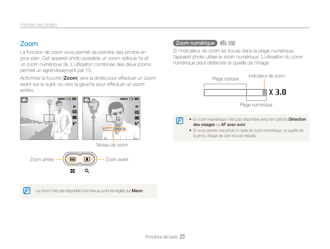 Samsung EC-ES80ZZDPSZA, EC-ES80ZZBPBE1, EC-ES80ZZDPPZA manual Prendre des photos, Zoom numérique, Plage numérique 