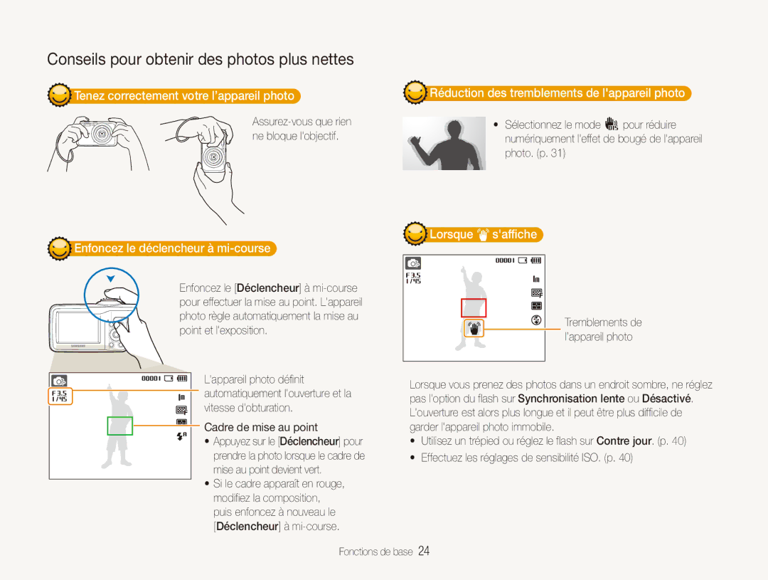 Samsung EC-ES80ZZBPBE1 manual Tenez correctement votre l’appareil photo, Réduction des tremblements de lappareil photo 