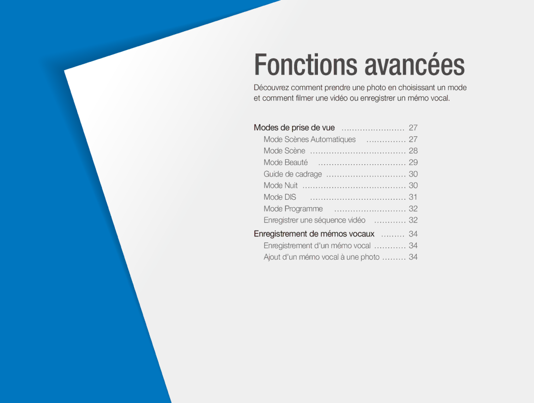 Samsung EC-ES80ZZBPRE1, EC-ES80ZZDPSZA, EC-ES80ZZBPBE1, EC-ES80ZZDPPZA, EC-ES81ZZDPBZA, EC-ES80ZZDPRZA manual Fonctions avancées 