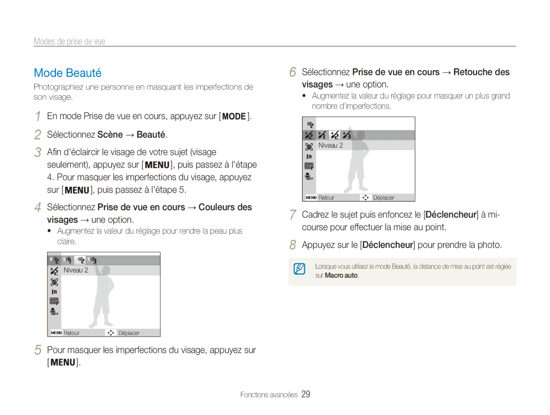 Samsung EC-ES80ZZDPSZA manual Mode Beauté, Seulement, appuyez sur, Pour masquer les imperfections du visage, appuyez sur 