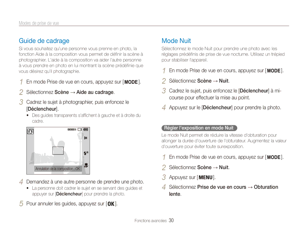 Samsung EC-ES80ZZBPBE1, EC-ES80ZZDPSZA, EC-ES80ZZDPPZA, EC-ES80ZZBPRE1, EC-ES81ZZDPBZA manual Guide de cadrage, Mode Nuit 