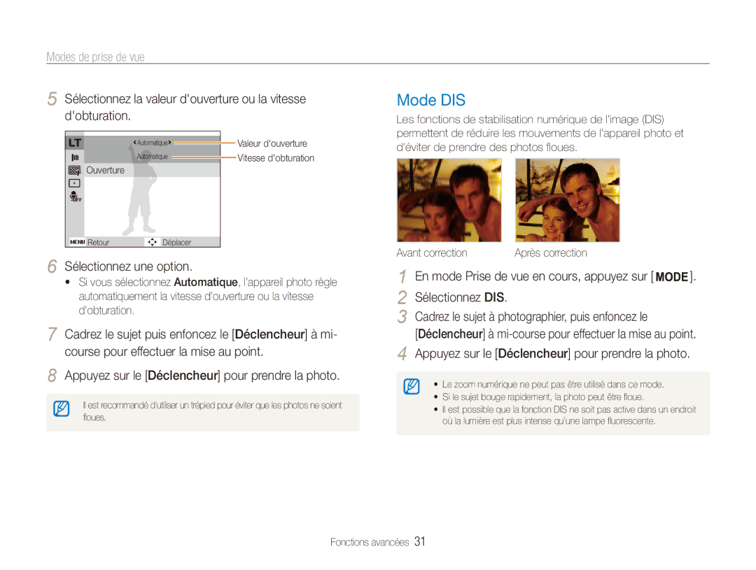 Samsung EC-ES80ZZDPPZA manual Mode DIS, Sélectionnez la valeur douverture ou la vitesse dobturation, Avant correction 
