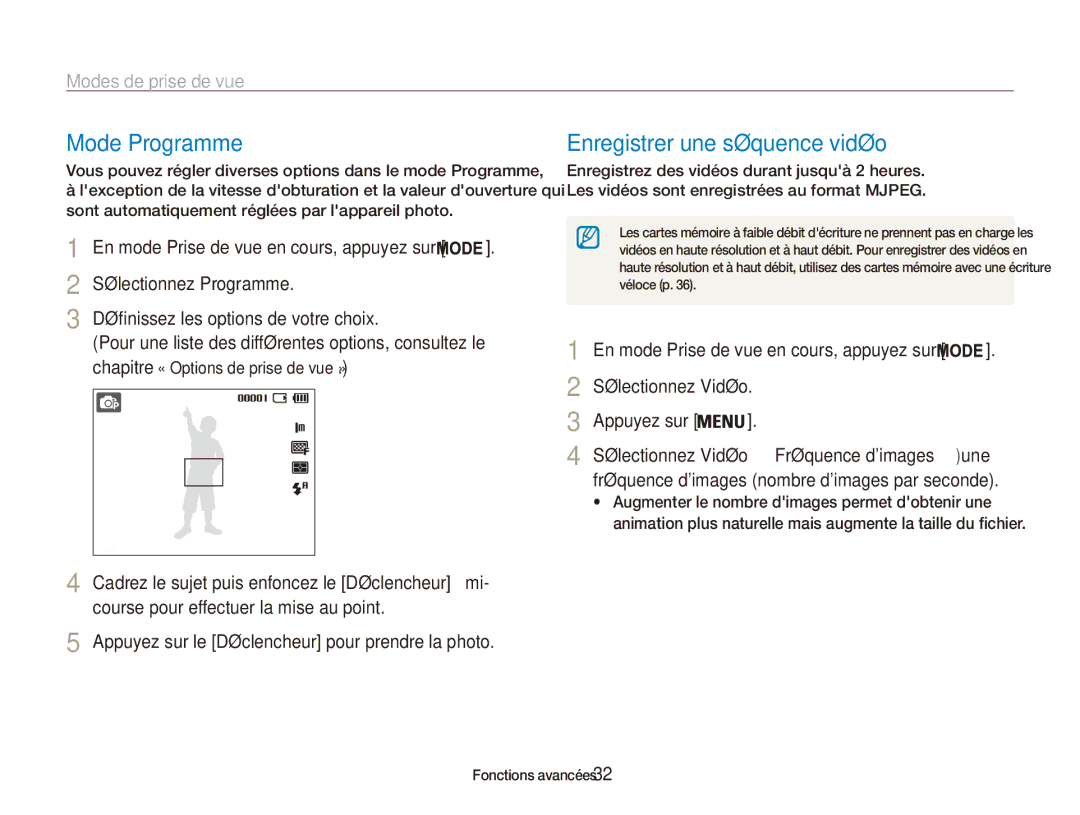 Samsung EC-ES80ZZBPRE1, EC-ES80ZZDPSZA, EC-ES80ZZBPBE1, EC-ES80ZZDPPZA manual Mode Programme, Enregistrer une séquence vidéo 