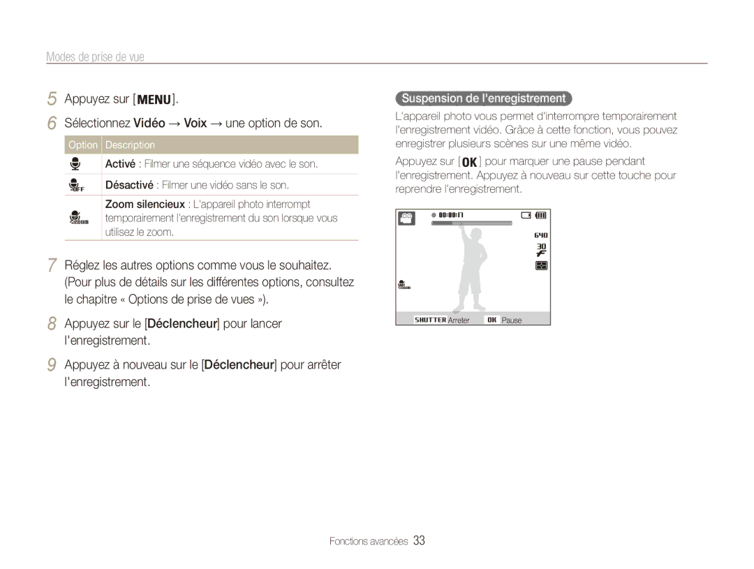 Samsung EC-ES81ZZDPBZA Suspension de lenregistrement, Sélectionnez Vidéo → Voix → une option de son, Option Description 