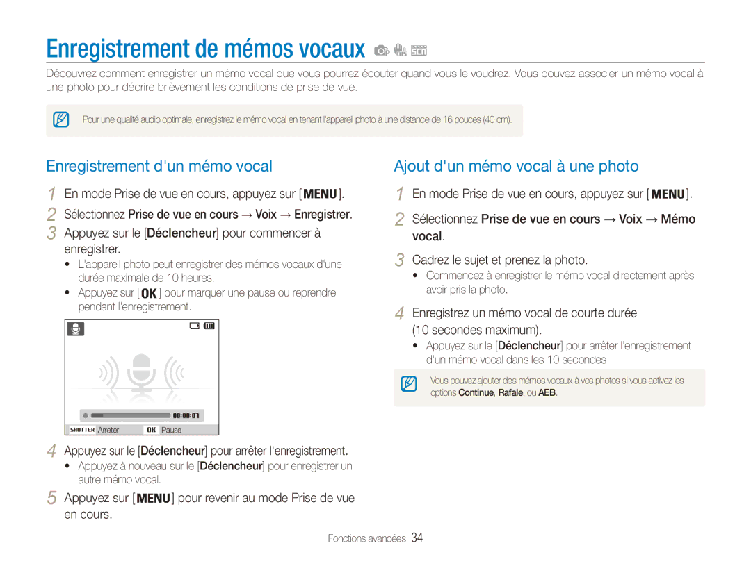 Samsung EC-ES80ZZDPRZA Enregistrement de mémos vocaux, Enregistrement dun mémo vocal, Ajout dun mémo vocal à une photo 