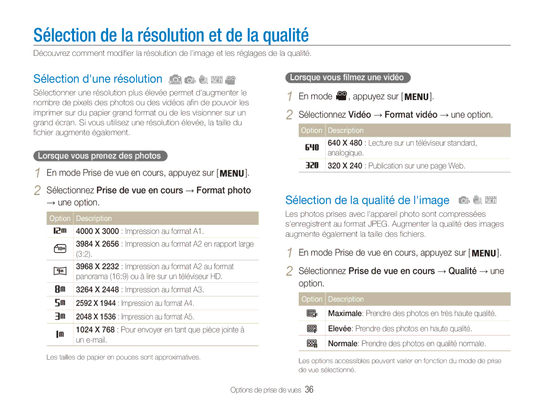 Samsung EC-ES80ZZBPBE1, EC-ES80ZZDPSZA manual Sélection de la résolution et de la qualité, Sélection dune résolution 