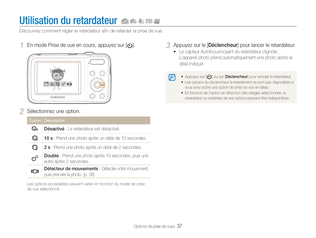 Samsung EC-ES80ZZDPPZA, EC-ES80ZZDPSZA, EC-ES80ZZBPBE1, EC-ES80ZZBPRE1 Utilisation du retardateur, Sélectionnez une option 