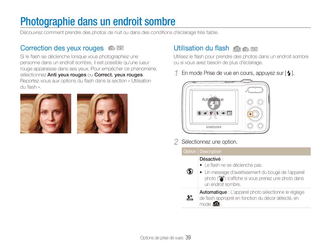 Samsung EC-ES81ZZDPBZA manual Photographie dans un endroit sombre, Correction des yeux rouges, Utilisation du flash 