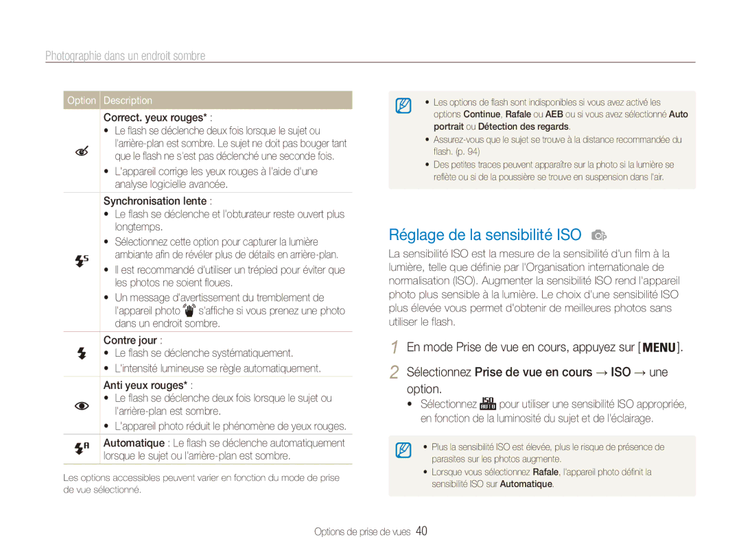 Samsung EC-ES80ZZDPRZA manual Réglage de la sensibilité ISO, Photographie dans un endroit sombre, Correct. yeux rouges 