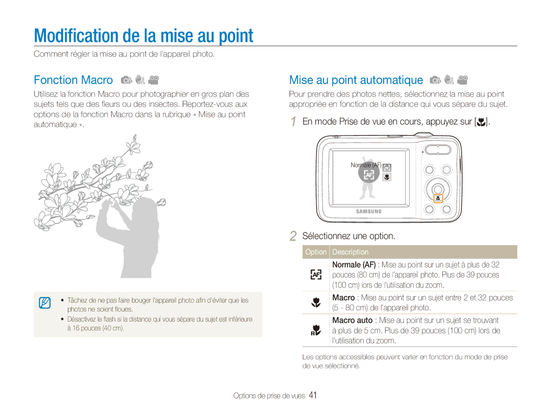 Samsung EC-ES80ZZDPSZA, EC-ES80ZZBPBE1 manual Modification de la mise au point, Fonction Macro, Mise au point automatique 