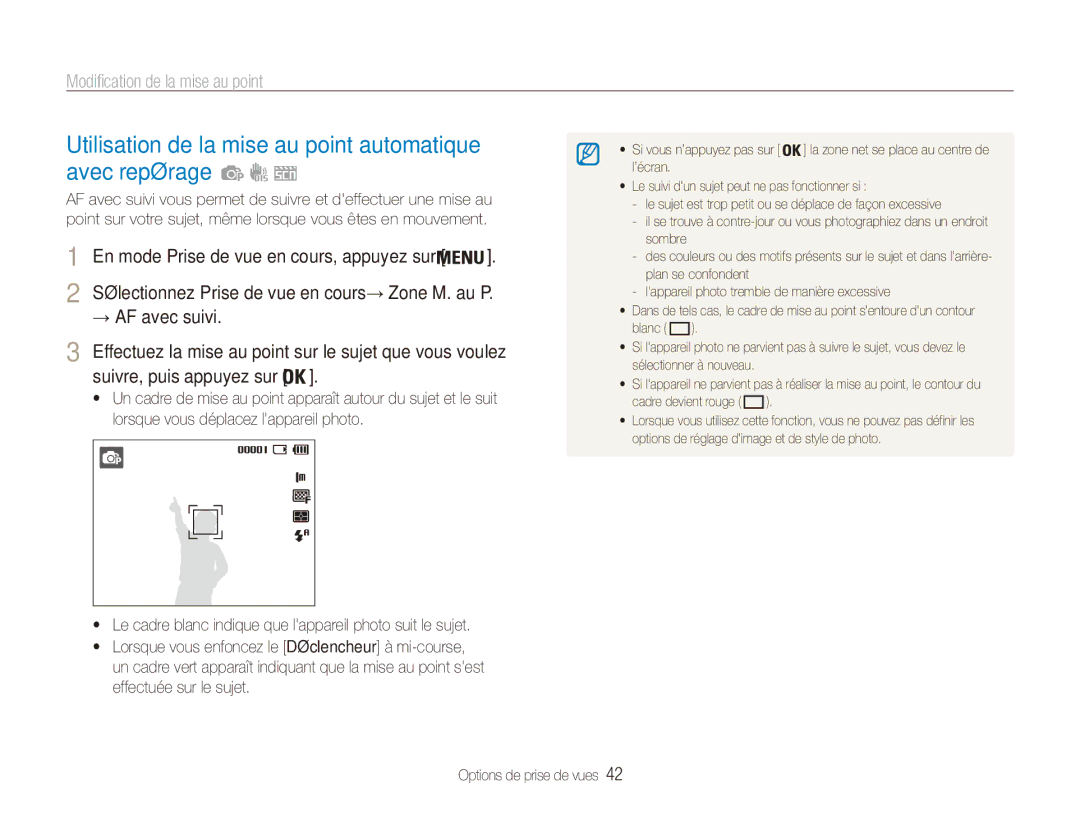 Samsung EC-ES80ZZBPBE1 manual Utilisation de la mise au point automatique avec repérage, Modification de la mise au point 