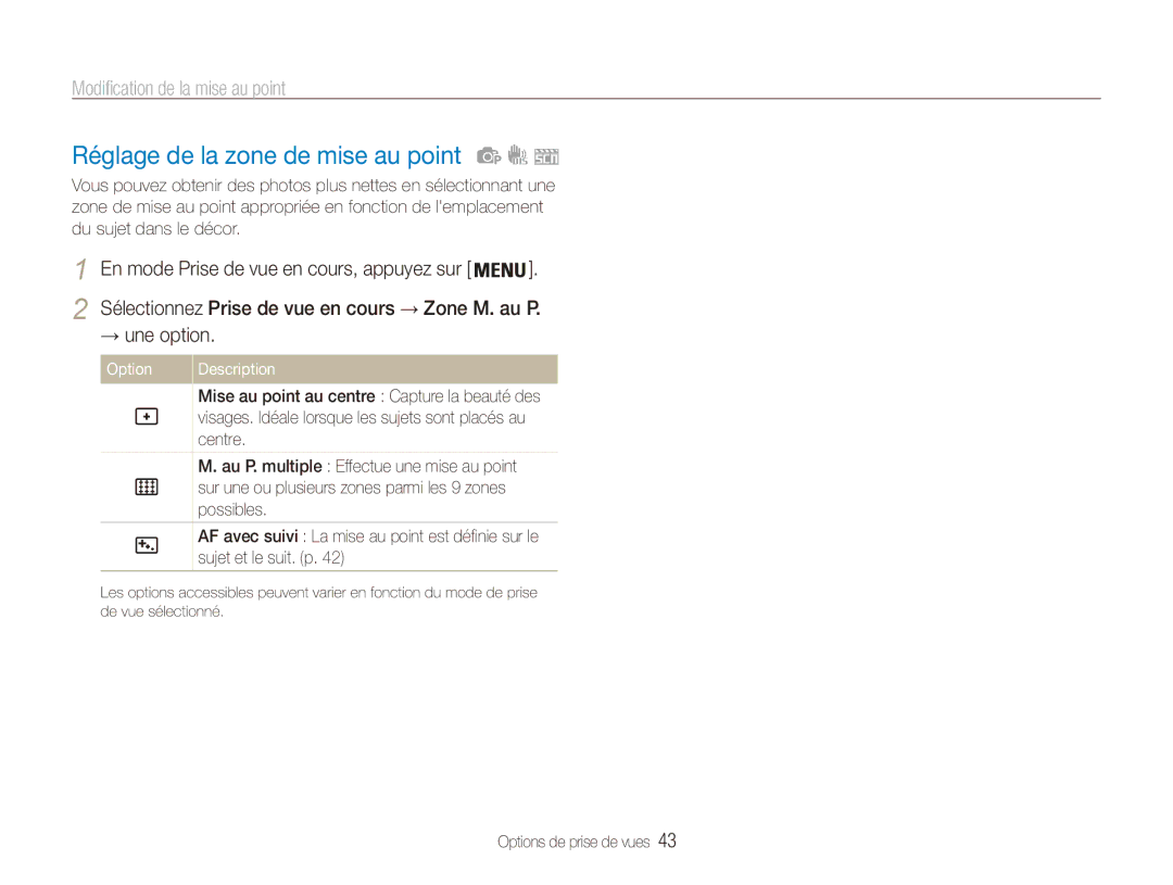 Samsung EC-ES80ZZDPPZA, EC-ES80ZZDPSZA, EC-ES80ZZBPBE1, EC-ES80ZZBPRE1 Réglage de la zone de mise au point, → une option 