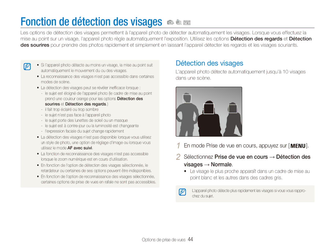 Samsung EC-ES80ZZBPRE1, EC-ES80ZZDPSZA, EC-ES80ZZBPBE1 manual Fonction de détection des visages, Détection des visages 