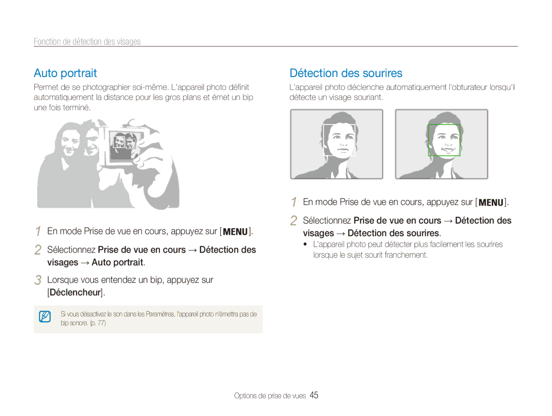 Samsung EC-ES81ZZDPBZA, EC-ES80ZZDPSZA manual Auto portrait, Détection des sourires, Fonction de détection des visages 