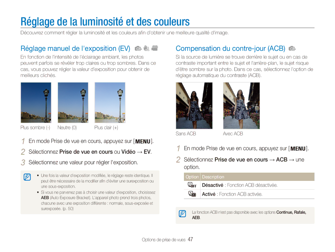 Samsung EC-ES80ZZDPSZA, EC-ES80ZZBPBE1 manual Réglage de la luminosité et des couleurs, Réglage manuel de lexposition EV 