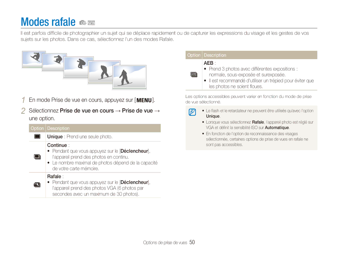 Samsung EC-ES80ZZBPRE1, EC-ES80ZZDPSZA, EC-ES80ZZBPBE1, EC-ES80ZZDPPZA, EC-ES81ZZDPBZA manual Modes rafale, Une option 