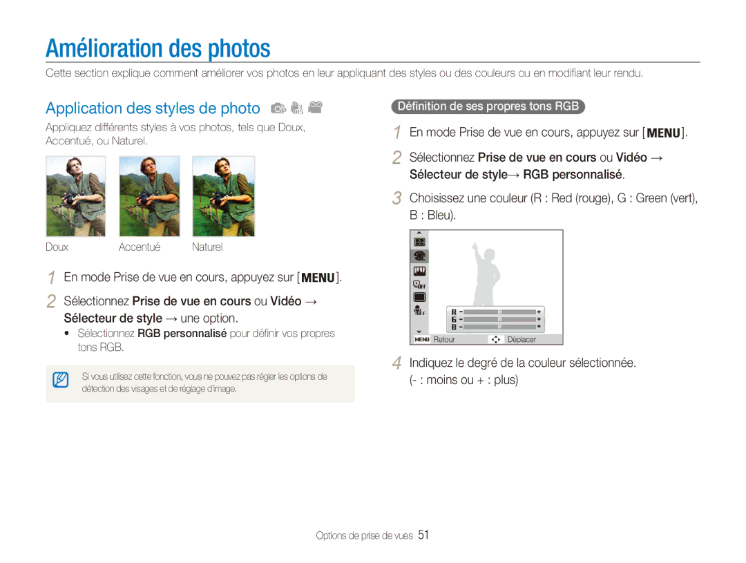 Samsung EC-ES81ZZDPBZA manual Amélioration des photos, Application des styles de photo, Sélecteur de style → une option 